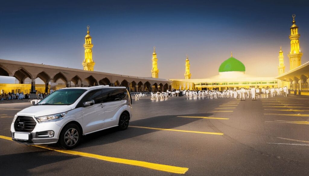 Green dome of Prophet's Mosque Al-Masjid an-Nabawi Madinah with road white car